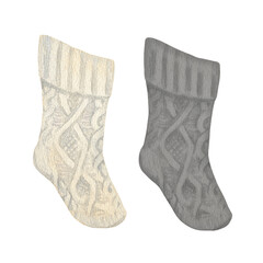 Knitted hanging Christmas socks white and gray. Hand drawn watercolor winter illustration of decorative warm stocking. Isolated drawing for Xmas graphic and tradition card designs.