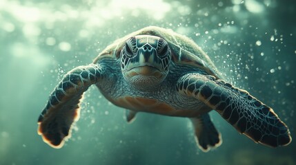 Fototapeta premium Elegant sea turtle gliding effortlessly through crystal-clear waters, minimalist design emphasizing tranquility and marine beauty.