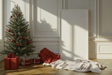 Decorative interior mockup with Christmas greetings. Stock photo