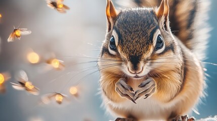 Obraz premium A cute chipmunk with a cheerful expression stands amidst luminous fireflies, capturing the magic of a tranquil evening in a vibrant forest setting.
