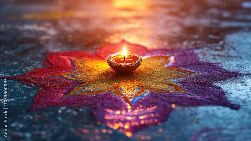 Wall mural a colorful indian style rangoli design on ground with a single diya placed in center, night time, di