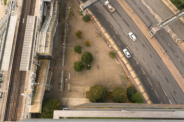 Aerial View of City Streets and Railway Station