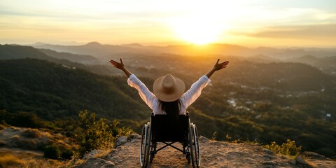 Uplifting, motivational portrait of a happy disabled person in a wheelchair manifesting positivity and zest for life - Young woman with straw hat on a stunning hilltop lookout point at sunset