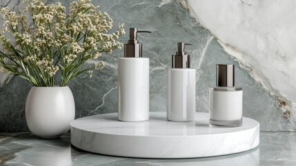 Naklejka premium Minimalist 3d round platform with skincare bottles in soft blue tones for beauty branding
