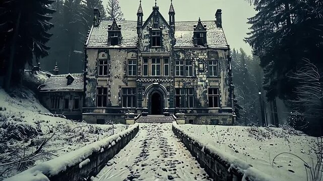 Snow-covered abandoned mansion in a misty forest during winter morning