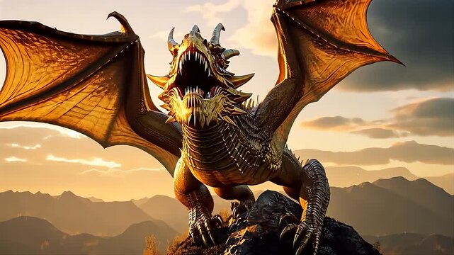 Majestic dragon perched on a rocky mountain during sunset with wings spread wide fantasy 