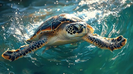 Obraz premium Graceful sea turtle swimming in serene waters, embodying tranquility and the beauty of marine life, a celebration of minimalism and nature.