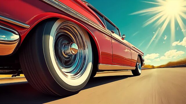 Classic red car side view cruising along a sunny highway under a clear blue sky