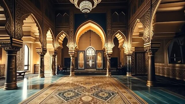 interior of a modern luxurious elegant palace with intricate architecture and stunning chandelier 