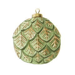 Green and gold glass ball. Hand drawn watercolor winter illustration of Christmas tree ornament with scales. Seasonal isolated drawing for traditional Xmas graphic and greeting card designs.