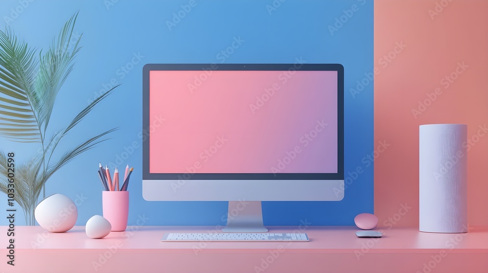 Poster minimalist desk setup with computer keyboard and mouse on pink and blue background