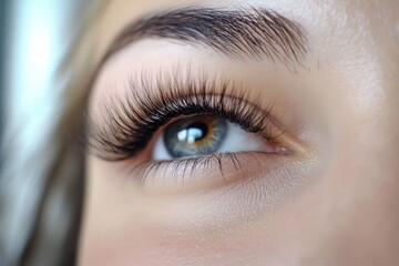 Obraz premium Eyelashes Extensions. Professional Stylist Lengthening Female Lashes in Beauty Salon