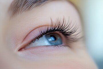 Obraz premium Eyelashes Extensions. Eyelash Extension Procedure by Professional Stylist for Long False Lashes in Beauty Salon