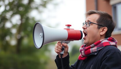 Engaging Man Using Megaphone in Outdoor Setting