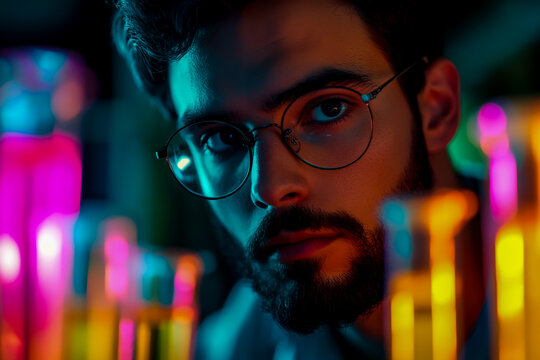 A handsome young scientist with glasses and a beard, working in the laboratory at night.