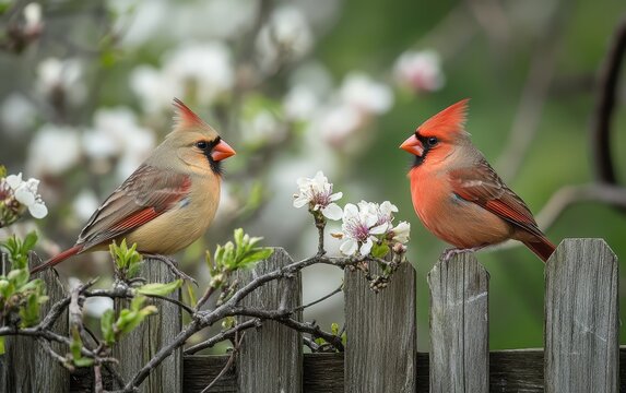 Two cardinals on a fence with blooming flowers