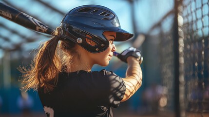 Young woman in a baseball uniform, wearing a helmet and holding a bat, ready to hit.