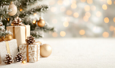 A Christmas tree with a white background and a bunch of presents on it