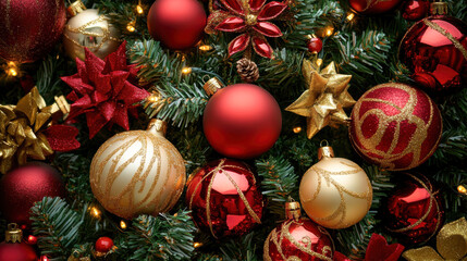 A tree full of red and gold ornaments