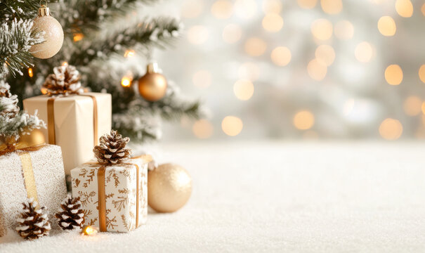 A Christmas tree with a white background and a bunch of presents on it