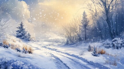 Obraz premium Majestic winter snow landscape featuring a serene snow-covered valley with frosted trees, snowy meadows, and distant mountain peaks under a clear blue sky, capturing the tranquil beauty of a pristine 