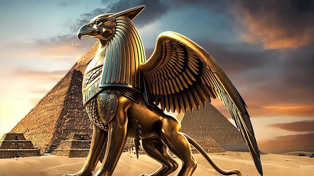 Golden sphinx statue at sunset near the Great Pyramid of Giza ancient Egyptian architecture and mythology