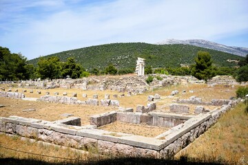 Ruins of the ancient gymnasium of the Sanctuary of Asclepius, Epidaurus on peleponnes, greece. Sightseeing and vacation in Greece