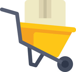 Simple icon of a yellow wheelbarrow carrying a cardboard box, representing delivery and transportation