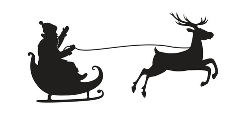 Black silhouette of Santa Claus flying in a sleigh on a reindeer sleigh. Vector illustration isolated on white background