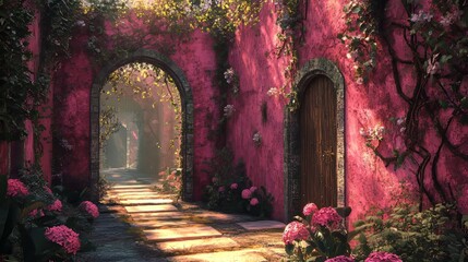 Obraz premium Ivy-covered walls of a pink castle, enchanted garden maze with oversized blooming flowers, vintage-dressed guests, Steampunk, 3D Illustration, Warm lighting