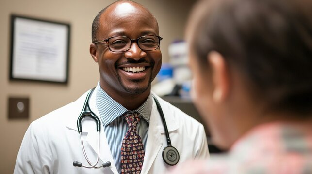 A doctor smiling warmly at a patient, radiating care and happiness