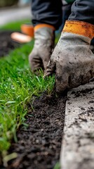  Gloved hands carefully planting grass, highlighting the labor and care involved in landscaping work, with green blades contrasting against dark soil.