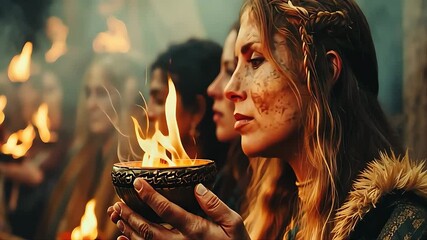 a group of women holds ceremonial bowls with flames a mystical gathering at dusk Celebrating ancient traditions