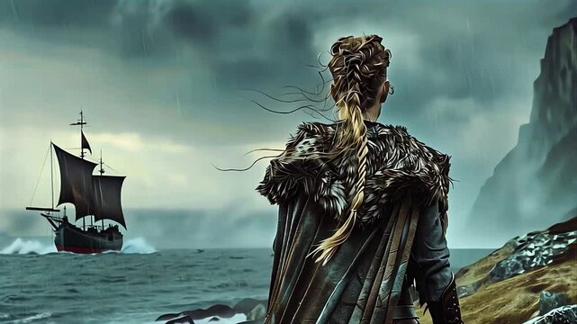 A Viking warrior looking toward a Viking ship on a stormy coastline at dusk sky clouds ocean water