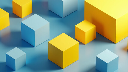 Obraz premium Abstract 3D Render yellow and blue cubes on the floor.