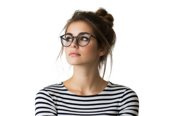 Obraz premium Young woman in striped shirt with glasses looking up in thought on a transparent background