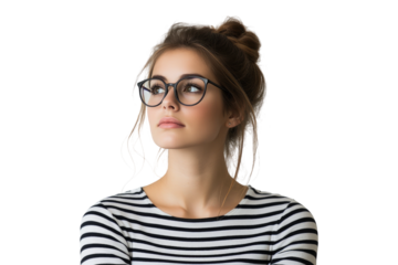 Young woman in striped shirt with glasses looking up in thought on a transparent background