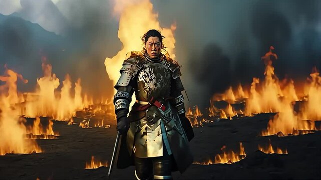 A Mongol warrior walking through flames in a dramatic battlefield 