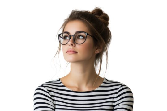 Young woman in striped shirt with glasses looking up in thought on a transparent background