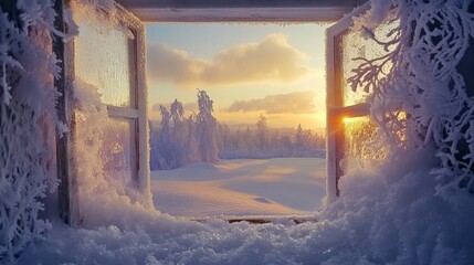 Winter wonderland seen through a frosty window, capturing snow-covered trees and icy landscapes with soft snowflakes falling outside, creating a cozy and tranquil atmosphere perfect for holiday and se