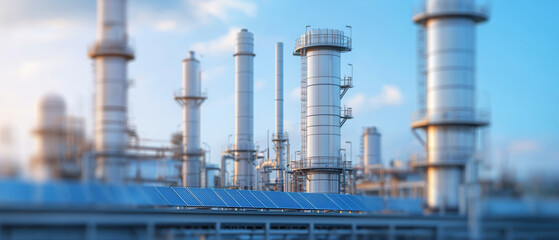 Obraz premium A modern industrial scene showcasing tall chimneys against a blue sky, reflecting the complexity of manufacturing processes.