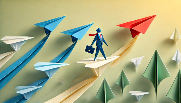 Origami businessman flying confidently on a red paper airplane leading a fleet of blue planes professional leadership innovation success bold new path folded paper style business concept
