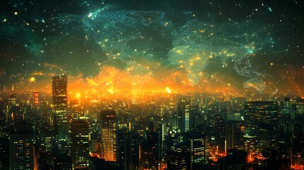 Fototapeta premium A sprawling city skyline under a starry night, bright neon connections crisscross over a digital world map overlay, signifying global tech networking