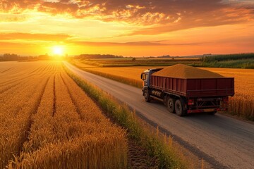 Grain Truck: Harvest Time in Rural Countryside, Transporting Grains on Country Road at Sunset