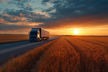 Grain Truck. Harvest Season in the Countryside: Truck on Rural Road near Rye Field at Sunset