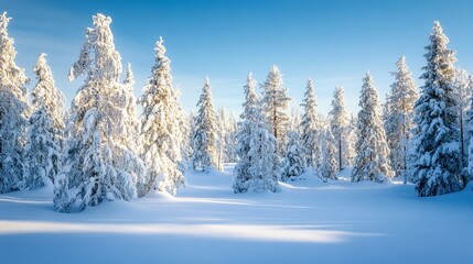 Serene wintry forest landscape with snow-covered trees on a clear winter day in northern finland, showcasing the pristine beauty of nordic nature and tranquil snowy wilderness with crisp blue skies an