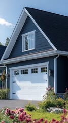 Fototapeta premium Vinyl garage door in classic, white beadboard style, designed for coastal or traditional homes.