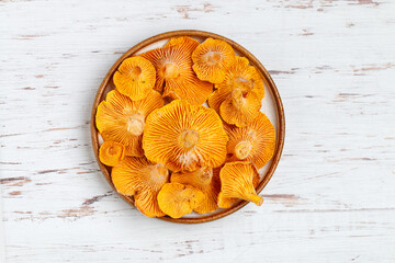 Frozen chanterelles in a plate on the table. Forest mushrooms. Selective focus