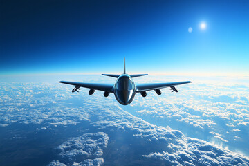 Sleek modern stealth fighter jet in flight, with copy space. Sharp, dynamic lighting. High-tech military background with clear sky