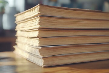 Fototapeta premium Workbooks Bonded in a Stack on Wooden Table. Education and Business Concept